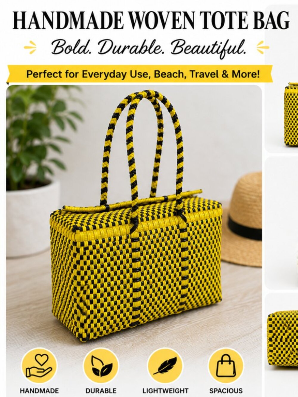 Handmade Yellow & Black Woven Plastic Tote Bag Artisan Beach Purse Braided Strap